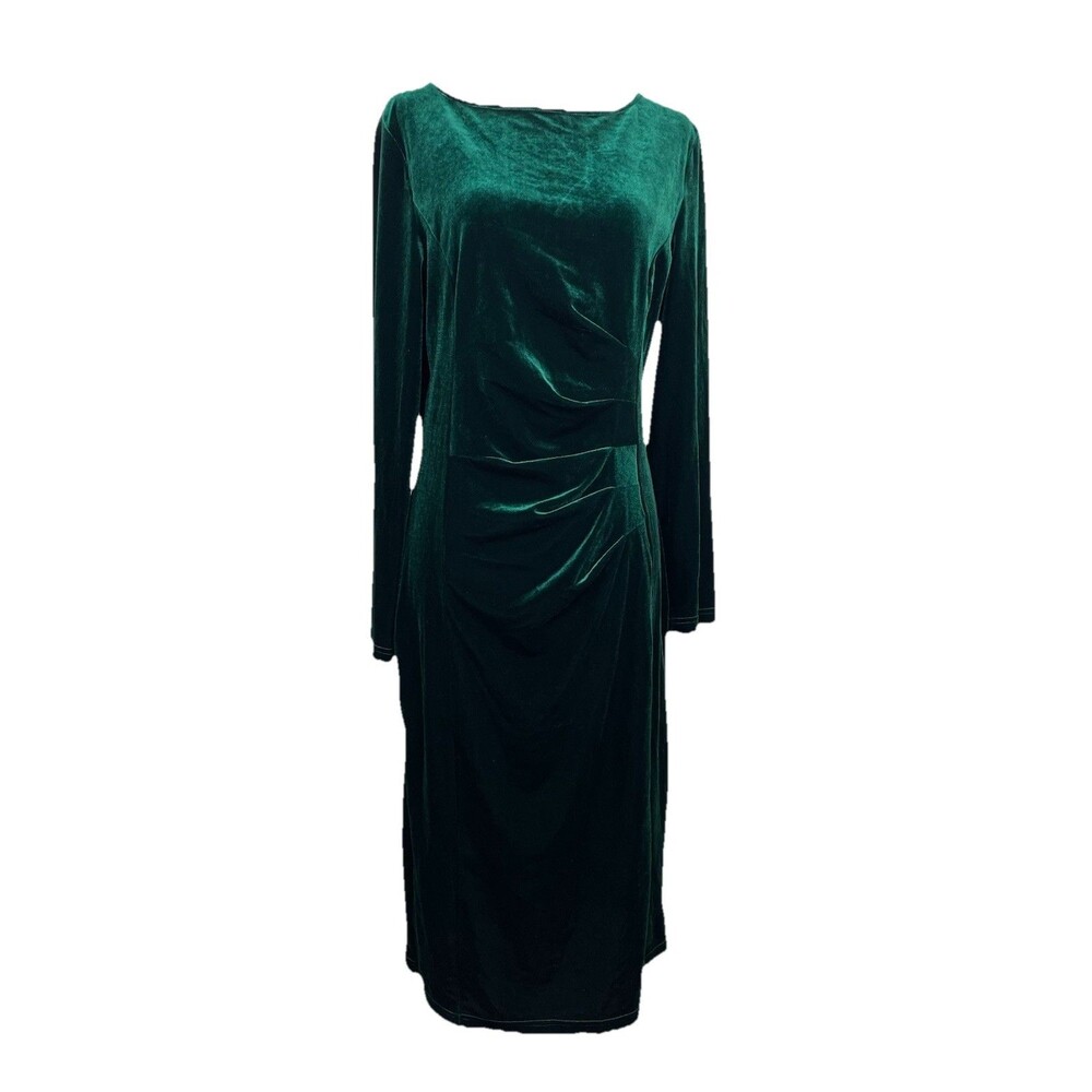Belle Poque Green Velvet Long Sleeve Midi Dress Classic Holiday Christmas-L